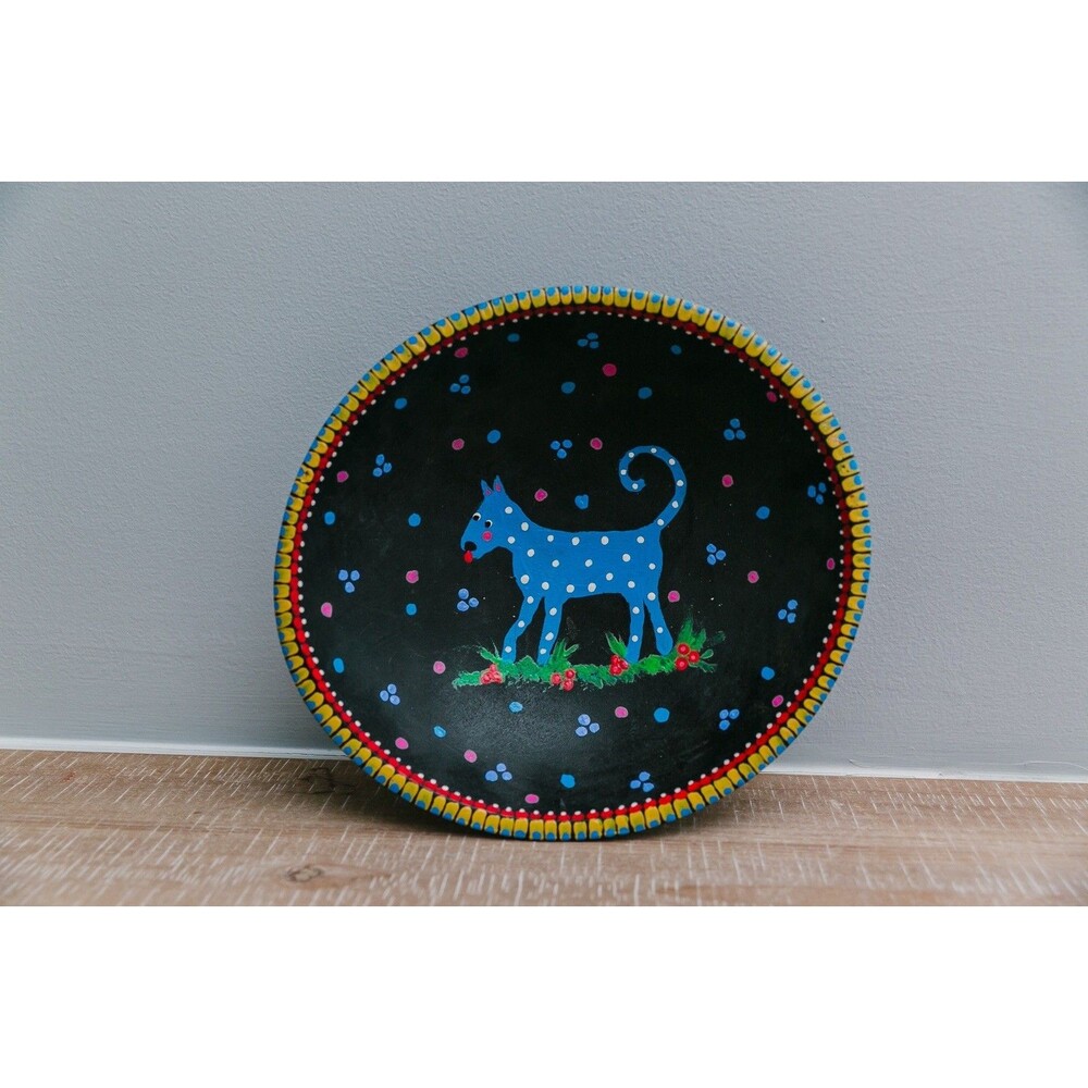 Elayne Signed Hand Painted Black Pottery Cat Bowl Folk Art